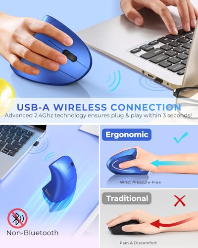 Lekvey Ergonomic Mouse, Rechargeable 2.4G USB Vertical Wireless Mouse, Blue | USB-C Charging, Wireless Plug & Play, 800/1200/1600 DPI, Quiet Clicks, 6 Buttons, Reduce Wrist Fatigue, for Laptop, Mac, PC - color: Blue