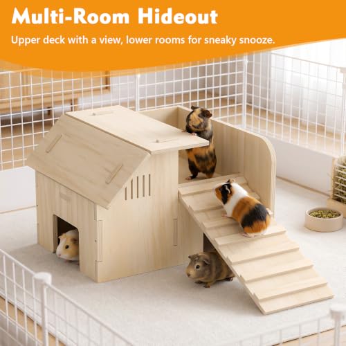 XiaZ Guinea Pig Hideout, Double Decker Wooden Guinea Pig House with Stairs,Two Lower Rooms and One Large Upper Platform,Habitat Hideout for Dwarf Rabbit, Hamster, Chinchilla - size: style3:15.7 x 15.7 x 9.1 inches