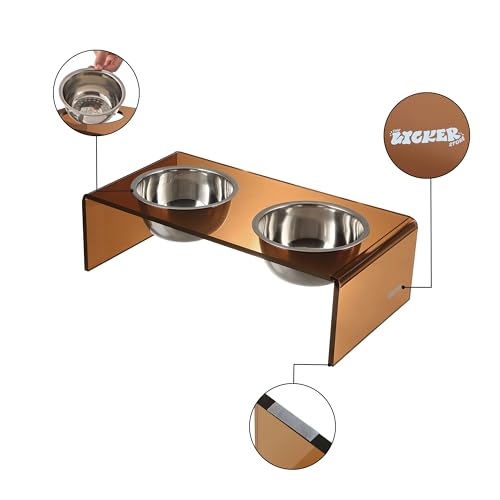 DBL2000D Keaton 5" Small/Medium Modern Acrylic Rectangular Elevated Pet Feeder with 20oz 2-Stainless Steel Bowls, Amber/Chrome - color: Amber/Chrome, size: 20 Ounces (5" Cups 2-Pack)