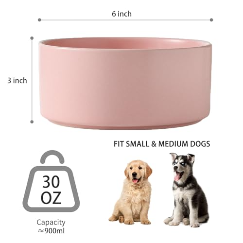 6'' Ceramic Dog Bowl - 30Oz Classic Dogs Food & Water Bowl for Small and Medium Breed Dogs, Heavy Duty Non-Slip Dog Dishes, Food Grade Stoneware Pet Bowl, Dishwasher & Microwave Safe, Pink - color: Bowl - Pink, size: 6 inch