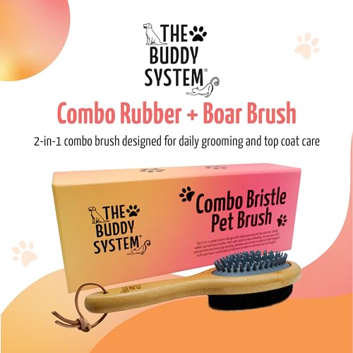 The Buddy System - Combo Bristle Pet Brush, 2-in-1 Brush | Dog & Cat grooming brush with 2 sides for dual capabilities.Durable rubber to losen hair and boar bristle to increase shine.