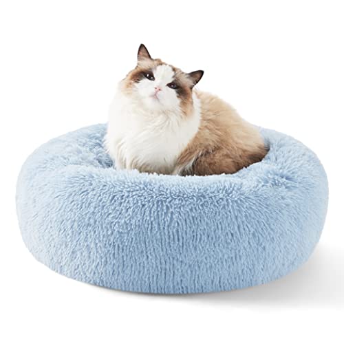 Bedsure Calming Cat Beds Donut Round Washable Kitten Bed,20 inches | Fluffy Faux Fur Cuddler,Anti-Slip Bottom,Anti-Anxiety,Deep Sleeping for Cats&Small Pets Up to 15 Lbs,Light Blue - color: Light Blue, size: 20"L x 20"W x 6"Th