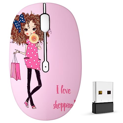 FMOUSE Cute Cartoon Silent Wireless Mouse, Dual Mode Bluetooth & USB 2.4G | Shopping girl Pattern, Ideal for Kids Students & Office Use | AA Battery Powered | Compatible with Laptop Mac iPad Tablet PC - color: Shopping Girl