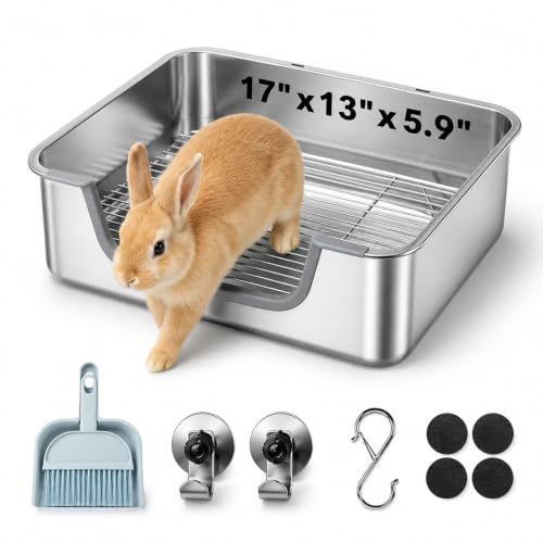 Stainless Steel Litter Box for Rabbit, Metal Bunny Litter Box Sifting Large | Non-Chewable, Easy to Clean, Long-Lasting Use, Odor Control, L: 17.2" x 13.4" x 5.9"