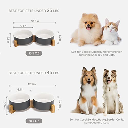 SPUNKYJUNKY Ceramic Dog and Cat Bowl Set with Wooden Stand, Modern Cute Weighted Food Water Set for Small Size Dogs (13.5OZ) & Medium Sized Dogs (28.7OZ) & Cats (3.6 Cups, 2 × White-Grey) - color: White-Grey × 2, size: 3.6 cups