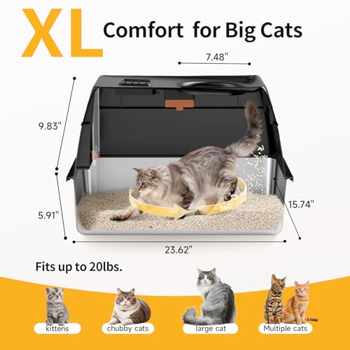 XL Enclosed Stainless Steel Litter Box with Lid, Black | covered, High Sided, Rustproof & Leak Proof, Easy Clean, Odor Control, Includes Scoop & Step & Mat - color: Black