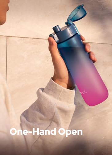 Opard Zip 20oz Plastic Water Bottle Dishwasher Safe, Leakproof Flip-Top Lid, BPA Free Tritan, Wide Mouth Reusable Kids Water Bottle for School Hiking Commuting Outdoor Travel and Gym - color: Sunset Blue Pink, style: 20 oz - Fast Flow