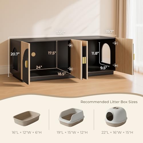Amunrbrek Double Cat Litter Box Enclosure Furniture with Optional Divider - color: Black and Natural Double