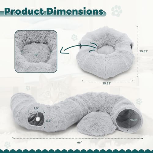 DUMOS Cat Tunnel Bed for Indoor Cats, Cave Donut Play Tunnel, Grey | Soft Plush Peekaboo, Washable Circle Cushion, Multifunctional Playground Under Tree Toys for Kittens, Puppy, Rabbit, Ferret - color: Gray