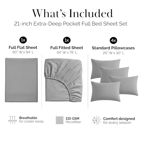 Southshore Fine Living, Inc. 6 Piece Full Size Sheets Set 21 Inch Extra Deep Pocket Bed Sheets - Soft Breathable Microfiber Pet Hair Resistant Bedding Hotel Quality, 4 Pillowcases - Steel Grey, Full - color: 06 - Steel Grey, size: Full