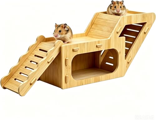 Wooden Hamster Hideout,Hamster Hideout Cage Accessories with Ladder(Z) | Platform for Syrian Hamsters Dwarf Gerbil Mouse - color: Bamboo-Light