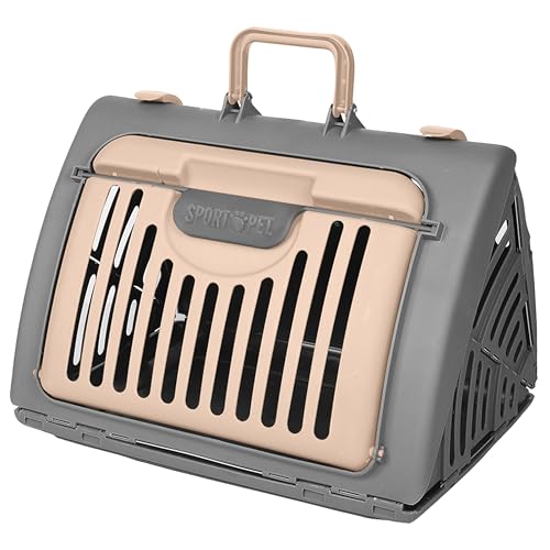 SportPet Designs Foldable Travel Cat Carrier - Front Door Plastic Collapsible Carrier, Gray and Tan, Medium (Pack of 1) - color: A) Large Carrier (Tan & Gray)