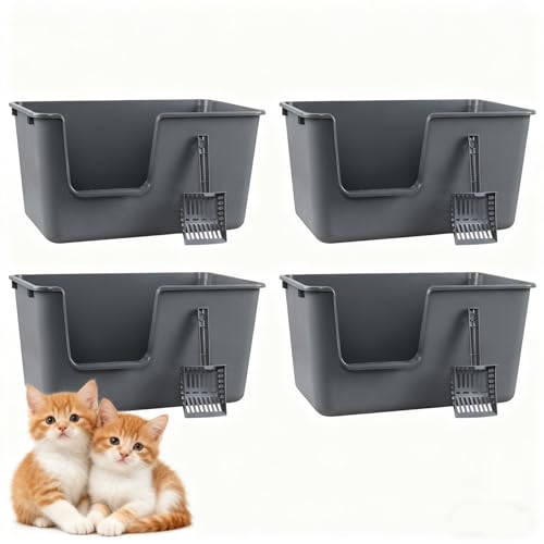 Set of 4 Open Top High Sided Cat Litter Pan, Large Cat Litter Box | Easy Entry, Tall Walls Help Reduce Scatter, Durable Plastic, Ideal for Big Cats and Multi-Cat Homes, with Scoops, Grey