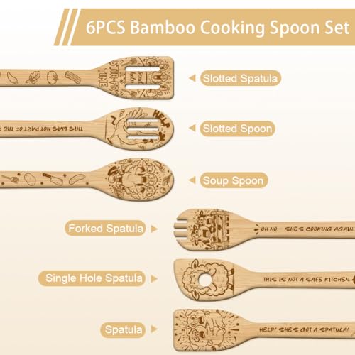 GLOBLELAND 6 Pcs Frightened Farm Animals Wooden Spoons Utensil Set Funny Pig Chicken Bamboo Carving Kitchen Cooking Utensils Wooden Engraved Cooking Spatula Sets for Kitchen Fun House Warming Gift - color: Farm Animals