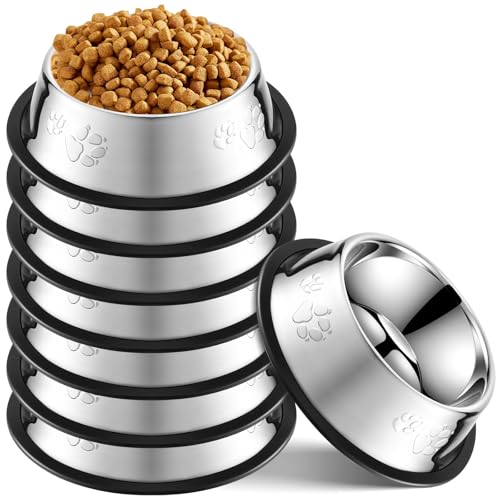 8 Pack Stainless Steel Dog Bowls Metal with Rubber Base Non-Slip Pets Puppy Cats Feeding Food and Water Bowls Dishwasher-Safe for Indoor Small Medium Large Dogs Cats Kitten Rabbit(7 oz) - size: 7 oz