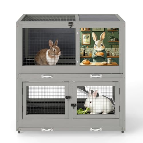 COZIWOW 2-Tier Bunny Hutch, Indoor Rabbit Cage with Wheels & Pull Out Tray | Easy Clean Pull Out Tray & Anti-Chew Ramp Included. Air Vent For Proper Ventilation. Rolling Casters For Mobility.