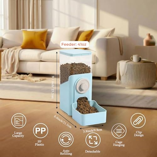 41 oz Hanging Gravity Feeder for Small Animals, Rabbits & Guinea Pigs | Adjustable Cage Height | No-Open-Cage Refill | Space-Saving | Clear Reservoir | Versatile Food Compatibility - color: Light Blue