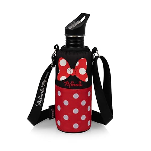 Picnic TIME Disney Shorts Bottle Cooler Tote, Insulated Water Bottle Holder with Adjustable Shoulder Strap for Travel Picnic Theme Parks, Fits 20 to 26 oz Bottles - color: Disney Minnie Mouse - Black with Red Pattern