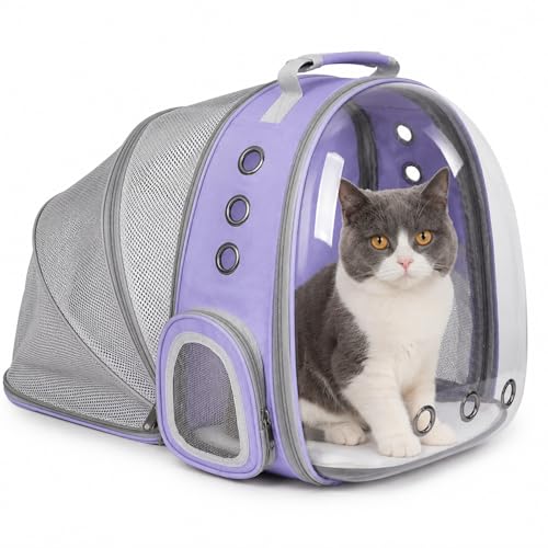 Expandable Cat Carrier Backpack with Bubble Window, Purple | Breathable mesh, anti-collapse frame, side door, safety leash and escape-resistant zippers for vet visits and outdoor travel. - color: Purple