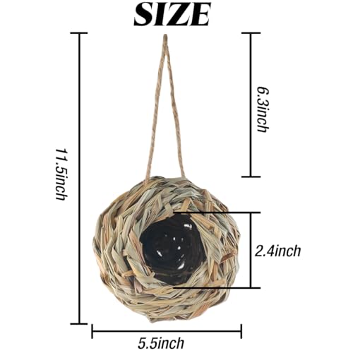 TIHOOD 4PCS 5.5inch Hanging Hummingbird Nest House for Outside, Ball Shape, Hand Woven, Durable Sturdy, Made of Natural Grass, Perfect for Garden Patio Lawn Office Indoor