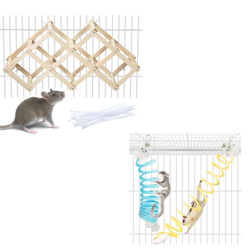 Wooden Rat Climbing Toys, Natural Pet Rat Cage Accessories Climbing Ladder (M) & 2Pcs Sugar Glider Toys, Elastic Sugar Glider Climbing Ropes, Hanging Toys Sugar Glider Cage Accessories