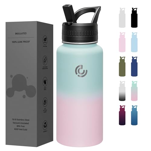 COKTIK 32oz Sports Water Bottle, Stainless Steel Water Bottle for Insulated, Reusable Travel Bottle, With Straw, With Handle Grip for Easy Carrying, Suitable for Cycling, Outdoor Vacations(Bubble Gum) - color: Bubble Gum, size: 32 Ounces