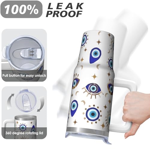30oz Evil Eye Stainless Steel Tumbler with Handle and Straw, Evil Eyes Hand Insulated Cup Travel Coffee Mug Water Bottle with Lid and Straw, Women Gifts - color: EvilEye