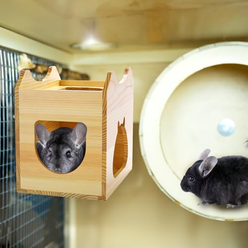 Yesland Wood Chinchilla House, Natural Small Animal Hideout Hut for Chinchilla, Squirrel, Sugar Gliders in Cage -Ventilated Wooden Hamster Habitat with Multiple Doors - 8.5 X 6 X 8 Inches