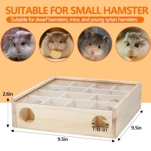 Kathson Wooden Hamster Tunnel Maze with Cover,Multichamber Hamster Hideout | Mice House Tunnel Exploring Toy for Dwarf Hamsters, Gerbils,Small Animals - color: Transparent-top hamster hideaway