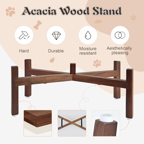 SPUNKYJUNKY Raised Ceramic Dog Bowls Set with Non-Slip Acacia Wood Stand for Medium Sized Dog(42.27 OZ, White) - color: White, size: 42.27 Oz