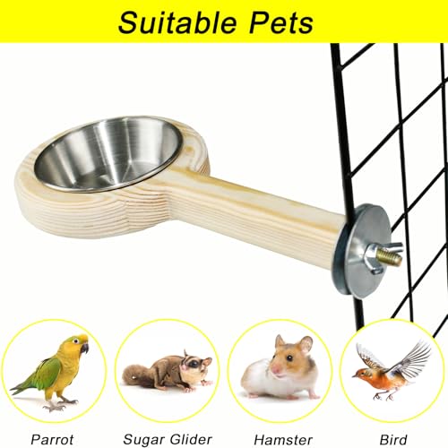 2-Pack Bird Perch Feeding Cup for Parakeet Cockatiel Budgie | 2-in-1 wooden perch and stainless steel bowl stops tipping and cage mess. Fits most cages, tool-free - color: 2*small bird feeding cup