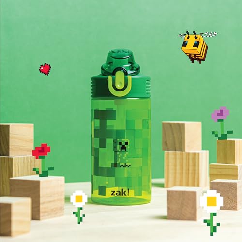 Zak Designs Sage Minecraft Kids Water Bottle For School or Travel, 16oz Durable Plastic Water Bottle With Straw, Handle, and Leak-Proof, Pop-Up Spout Cover (Creeper) - color: Minecraft (Creeper), size: 16 Ounces