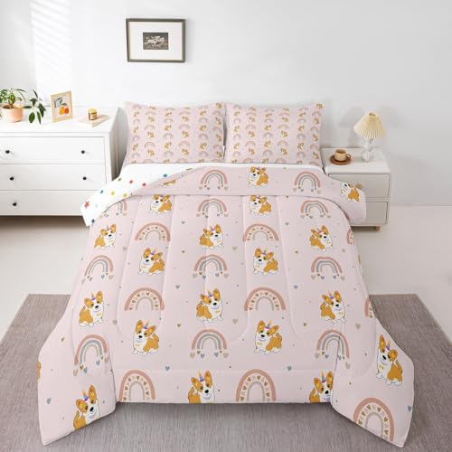 Dog Comforter Set for Kids, Cute Pug Rainbow Bedding Set Twin, Cartoon Love Heart Down Comforter for Boys Girls Children Bedroom, Cartoon Animal Puppy Quilted Duvet 2Pcs with 1 Pillow Case, Pink - color: Multi 36, size: Twin