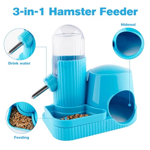 3 in 1 Multifunctional Hamster Water Bottle No Drip Gerbil 100ML Water Bottle Dispenser with Food Bowl Small Animal Auto Dispenser with Hideout Base Hamster Cage Accessories (Blue) - color: Blue
