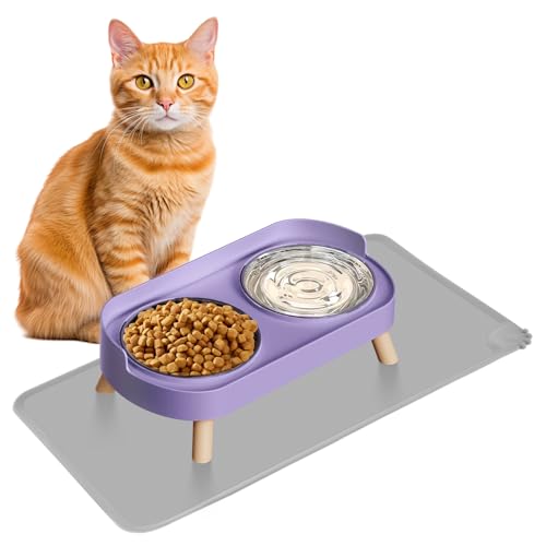 Elevated Cat Bowl with Food Mat, Raised Cat Food and Water Bowl Set for Indoor Cats, Splash Proof with 2 Stainless Steel Pet Food Bowls for Cat and Puppies,Whisker Fatigue and Dishwasher Safe (Purple) - color: Cat Bowls with mat - purple