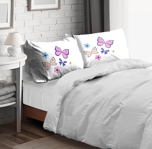 Sunny Side Up Flutter 2 Pack Reversible Pillowcases - Double Sided Pillow Covers, Kids Super Soft Buttergly & Floral Bedding - color: White - Flutter