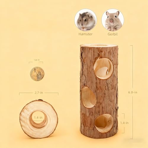 Natural Wooden Hamster Mouse Tunnel Tube Toy Forest Hollow Tree Trunk for Gerbils，Hamsters, and Mice or Other Small-Sized Pets (Double Hole)