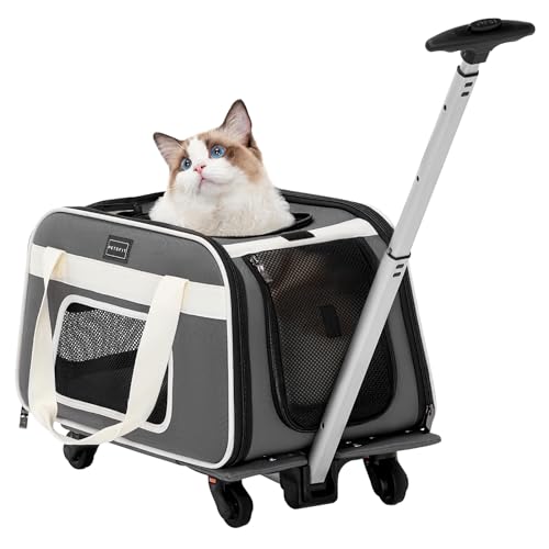 Petsfit Cat Carrier with Wheels, Removable Spinner Wheels, Up to 13 lb | Fits pets up to 15 L x 8 H in and 13 lb; removable spinner wheels, anti-sag frame, 4-sided mesh, safety tether and locks. - color: Medium Gray, size: 20.1"L x 12.2"W x 14.2"H