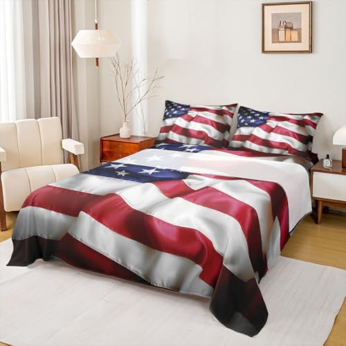 Erosebridal United States Sheet Set Teens American Flag Fitted Sheet Twin, Blue Red Bedding Set Geometric Stripes Bed Sheet with Deep Pocket, 3 Pcs with 1 Fitted Sheet, 1 Flat Sheet, 1 Pillow Case - color: Style 18, size: Twin