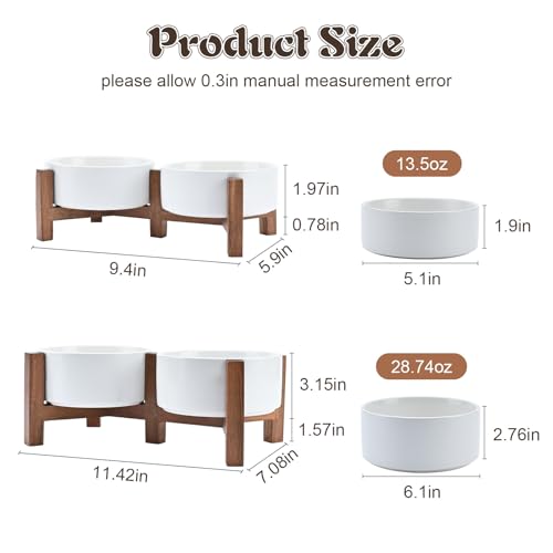 SPUNKYJUNKY Acacia Wood Stand Dog Bowl Set Raised, Ceramic Dog Food & Water Bowl for Medium Dogs (28.74 OZ, White) - color: White, size: 28.74 Oz