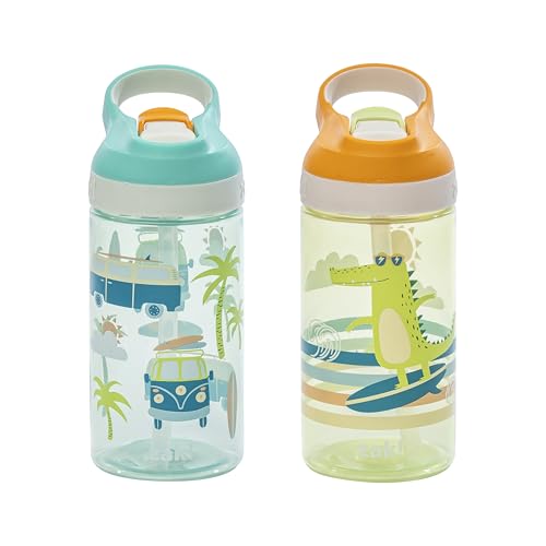 Zak Designs Atlantic Kids Water Bottle For School or Travel, 16oz Durable Plastic Water Bottle With Straw, Handle, and Leak-Proof, Pop-Up Spout Cover, 2-Pack (Surf Boards and Palm Trees) - color: Surf Boards and Palm Trees