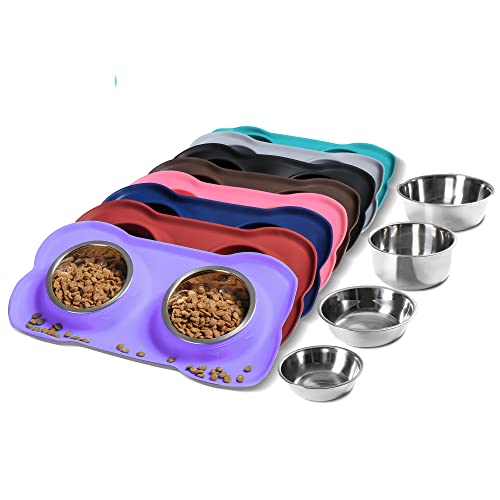 Hubulk Pet Dog Bowls 2 Stainless Steel Dog Bowl with No Spill Non-Skid Silicone Mat + Pet Food Scoop Water and Food Feeder Bowls for Feeding Small Medium Large Dogs Cats Puppies (Small, Purple) - color: Purple, size: Small