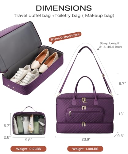 Travel Duffle Bag, Wide Open Large Weekender Bag for Women with Shoe Compartment, Carry on Overnight Bags with Toiletry Bag, Hospital Bag for Women Labor Delivery with Wet Pocket (Dark Purple) - color: Dark Purple, size: 45L