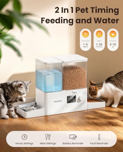 Automatic Cat Feeder & Water Dispenser,Button Customizable Feeding | 2 in 1 Feeding Drinking Water/5L Food Feeder,3.5L Water Fountain/Stainless Steel Bowls/Detachable Clean/White - color: White, size: 8.5L-Standard