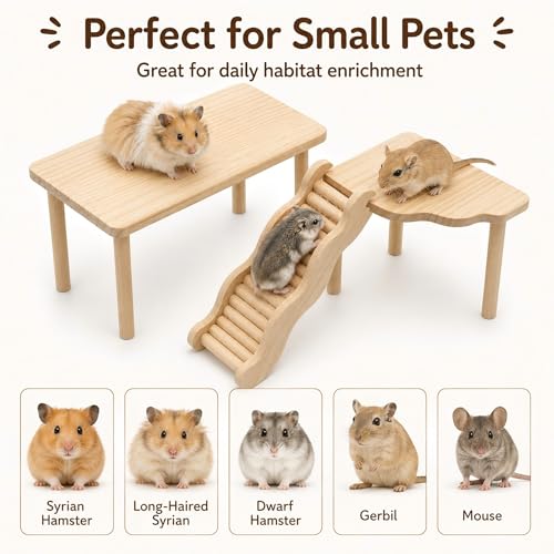 3-Piece Hamster Wood Platform Set with Wave Climbing Ladder, Natural Cage Accessories with Food & Water Stations, Climbing Enrichment for Dwarf, Syrian Hamsters, Mice & Gerbils