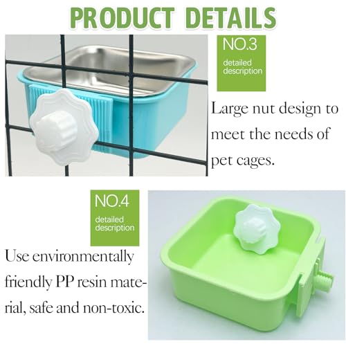kathson Crate Dog Bowl, Removable Stainless Steel Hanging Pet Kennel Cage Bowl Food & Water Feeder Coop Cup for Puppy, Cat, Rabbit, Guinea Pigs 2pcs Small Square(Blue, Green) - color: Square (Blue, Green), size: 2 PCS