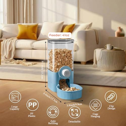 41 oz Hanging Gravity Feeder for Small Animals, Rabbits & Guinea Pigs | Adjustable Cage Height | No-Open-Cage Refill | Space-Saving | Clear Reservoir | Versatile Food Compatibility - color: Blue