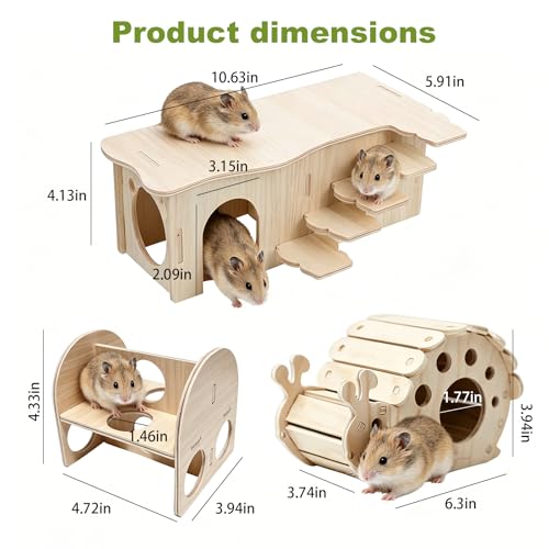 3-Piece Wooden Hamster Platform Set,A Wooden Hamster House with Climbing Ladder, A Snail-Shaped House,A Wood Hamster Toys, Small Pets Activity Toy for Dwarf Gerbil Mouse Mice Rat Small Animals C - color: N