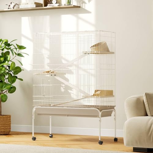 Garvee Ferret Cage, 55" h Large Ferret Nation Cage with 3 Removable Ramps,Food Bowl, Water Bottle, Metal Small Animal Cages on Wheels for Chinchillas, Guinea Pigs, Rabbit, Sugar - size: 55" H