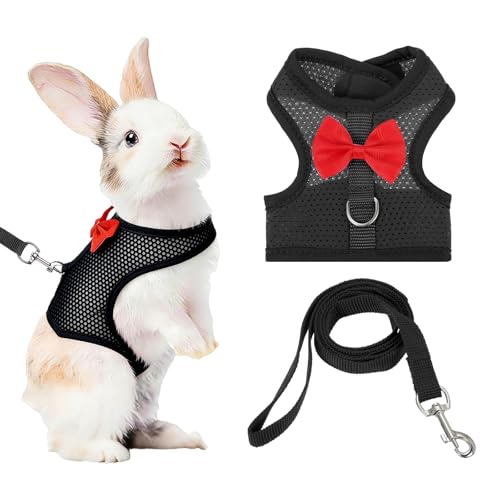 Rabbit Harness and Leash, Small Pet Cute Vest Harness Leash Soft Adjustable Buckle Breathable Mesh (S, Black) for Bunny Kitten Small Pig Puppies Camping Hiking Training - color: Black, size: S